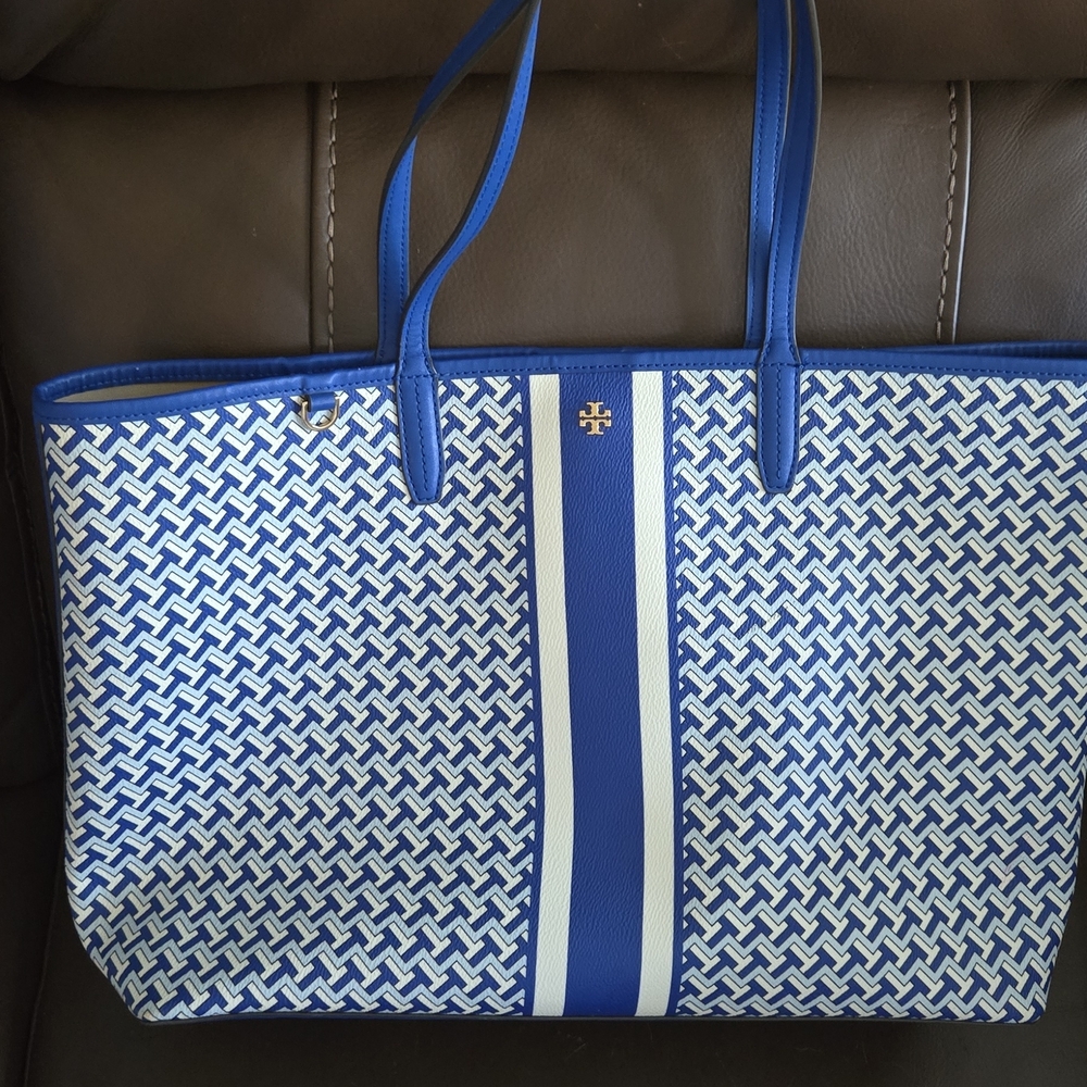 Tory Burch Blue and White Geometric Tote
